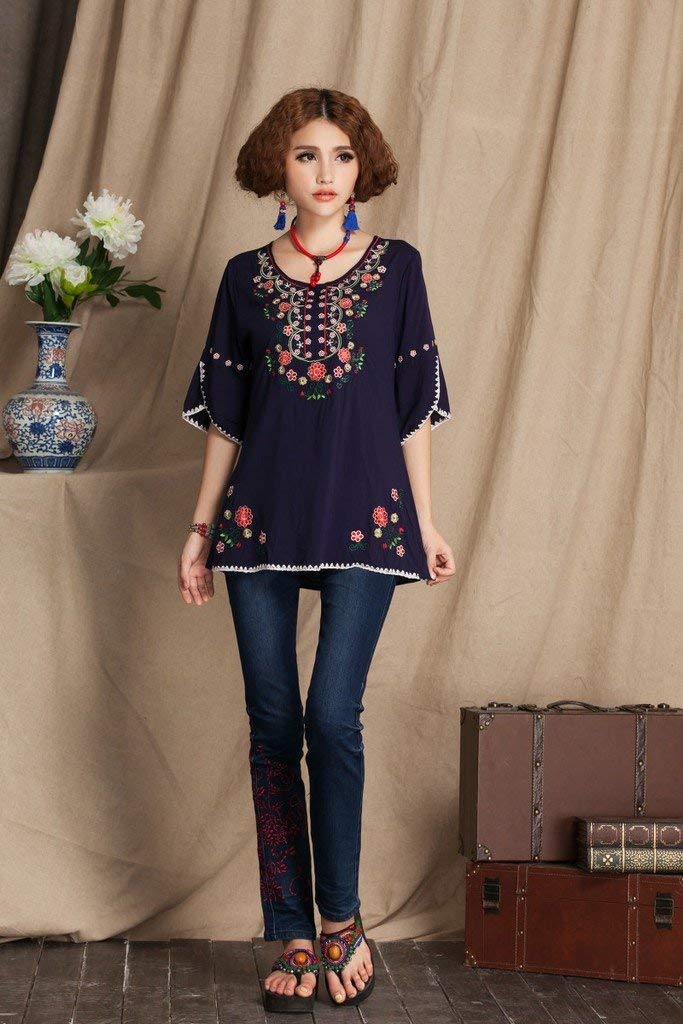 Ashir Aley Girls Embroidered Peasant Tops Mexican Bohemian Blouses Navy Blue Medium/8-10 - Image 5